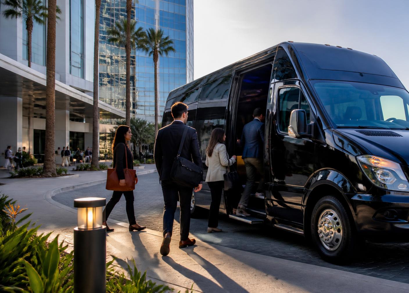 Business travelers boarding a corporate passenger shuttle