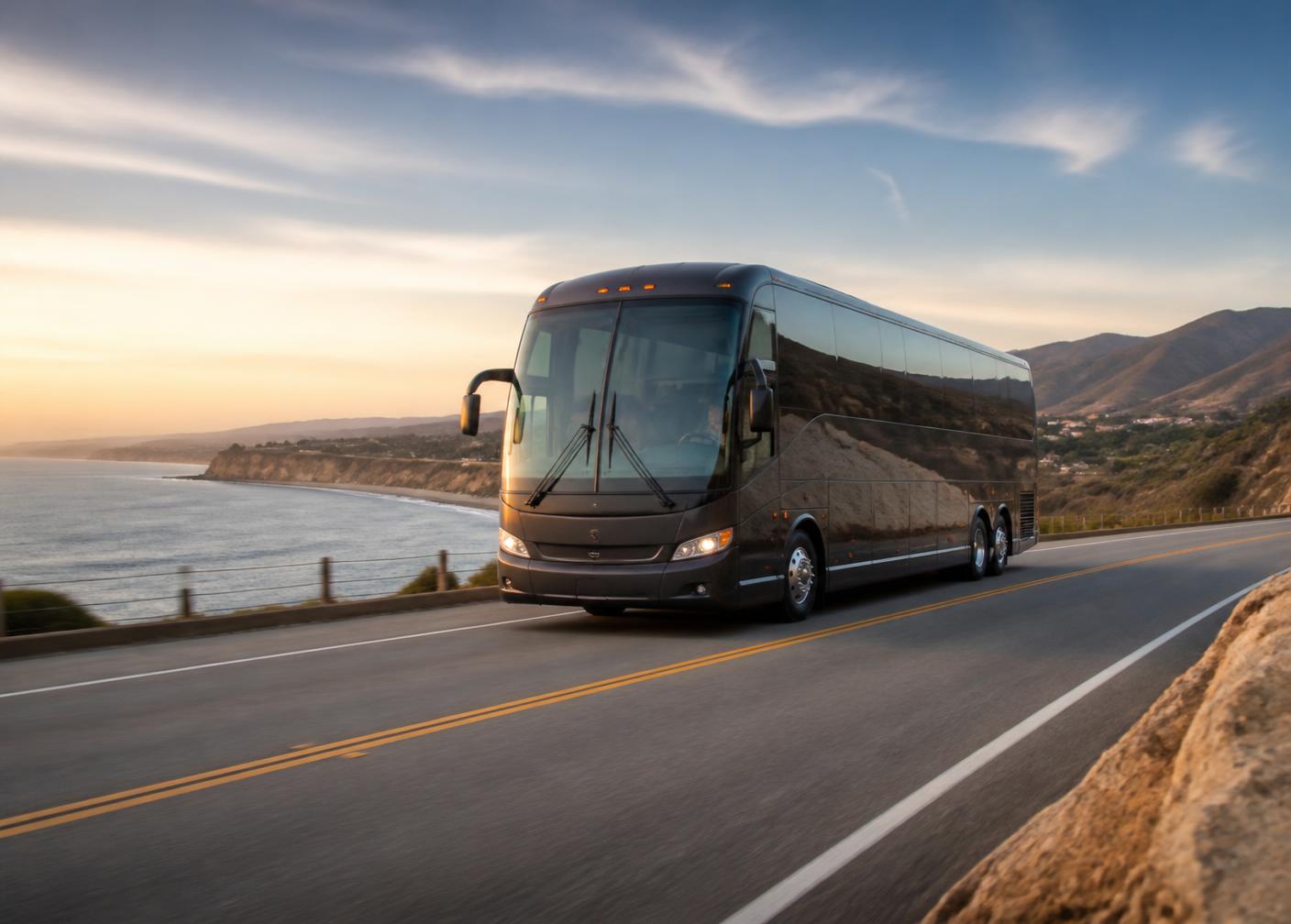 Modern charter motorcoach traveling along the Southern California coast