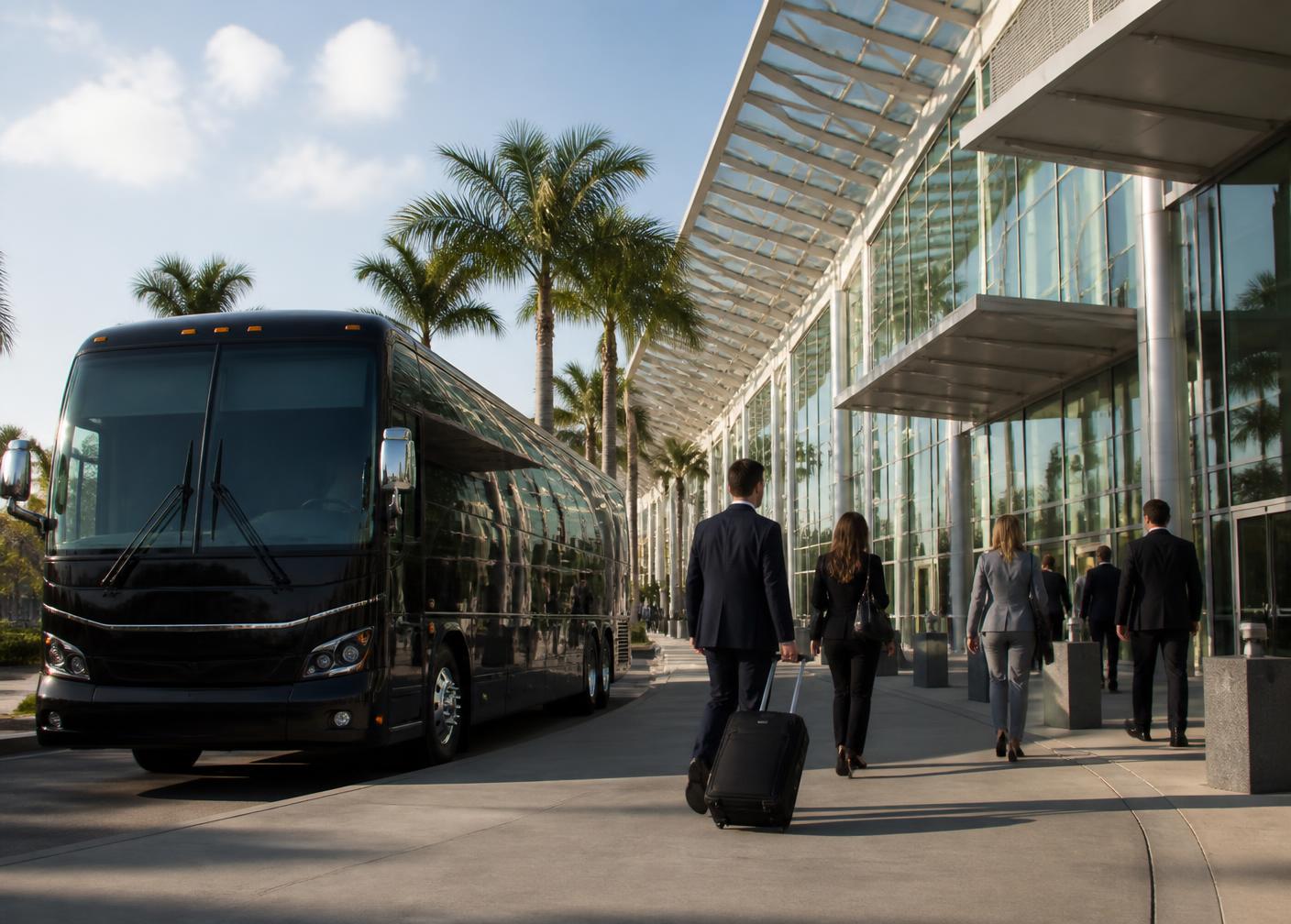 Motorcoach arriving beside a Southern California convention center