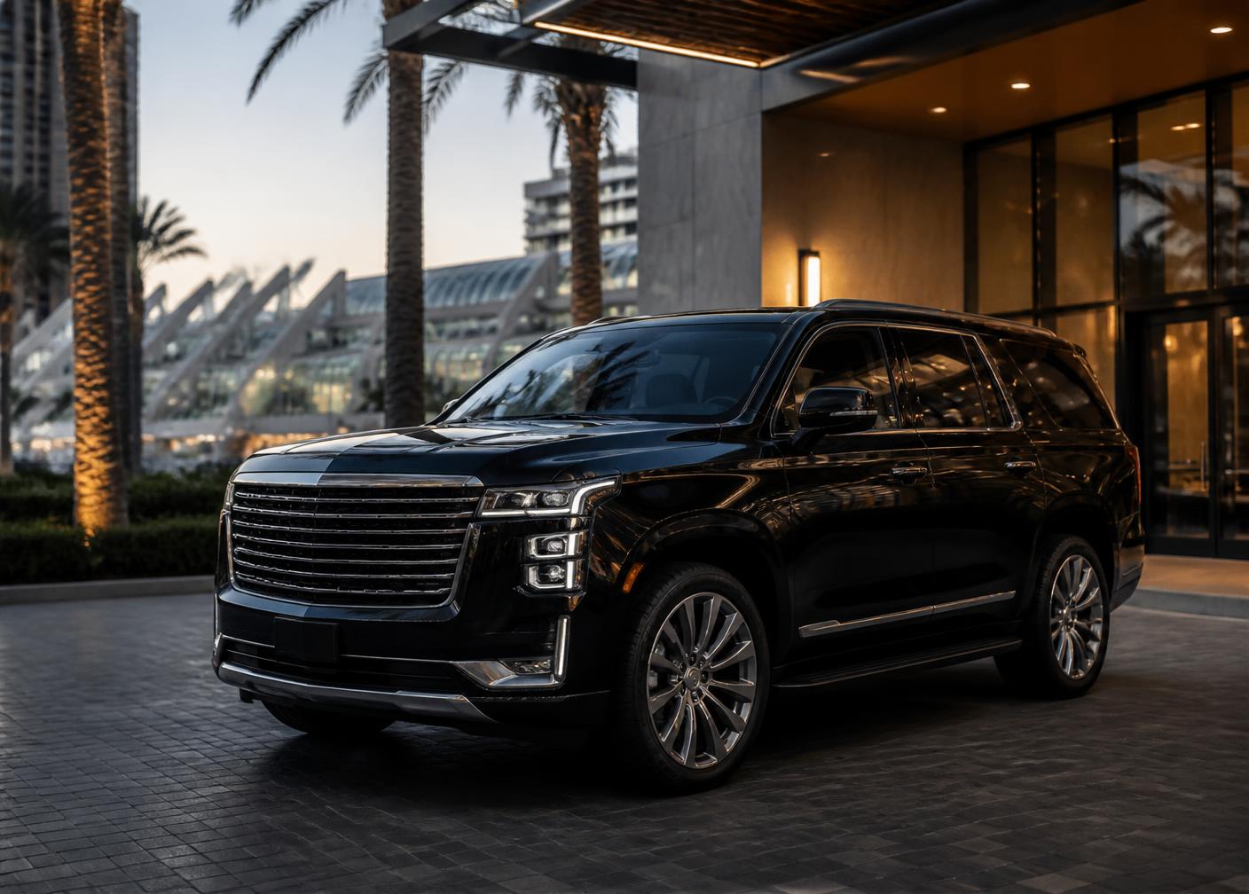 Premium black executive SUV outside a modern San Diego hotel and convention center